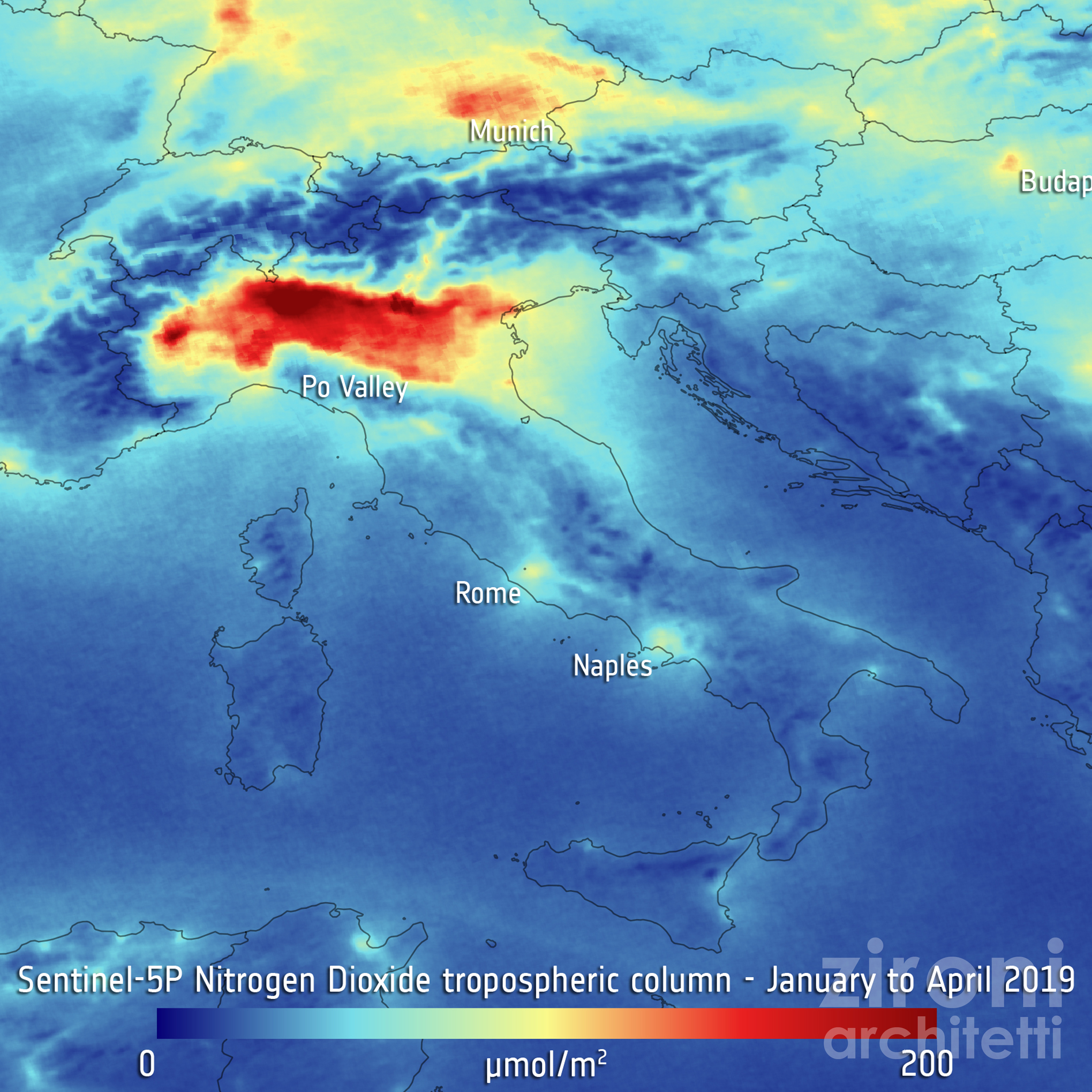 Immagine satellitare dell'inquinamento da NOX in italia